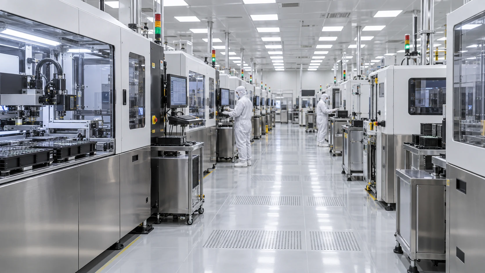 Illustration of a semiconductor packaging and testing production floor