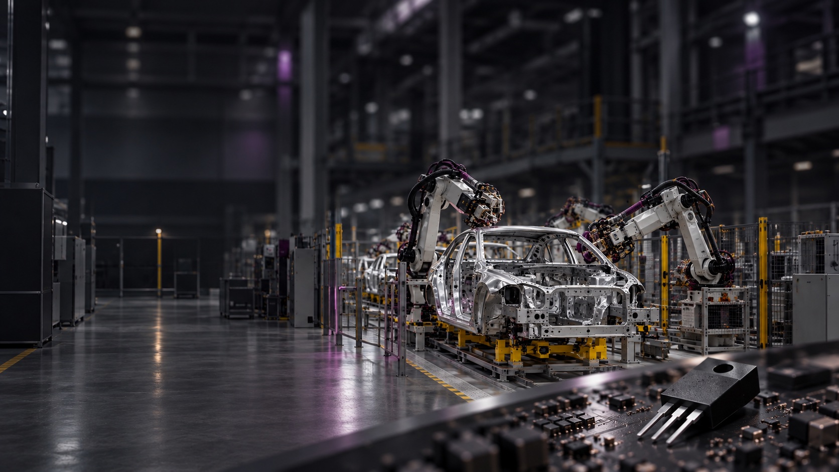 Automotive assembly robots and a silver car body, with a power semiconductor in the foreground